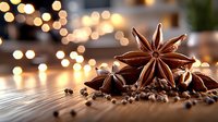 Star anise and black peppercorns on wooden surface with warm glowing bokeh lights in background creating cozy festive atmosphere for holiday cooking.
