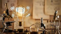 Vintage Edison bulb glowing with innovation icons in scientific laboratory setting. Creative concept for research, discovery, and breakthrough ideas.