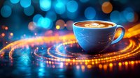 Cup of cappuccino with latte art on glowing neon surface surrounded by bokeh lights and magical sparkles in dark blue and orange colors creating cozy atmosphere.