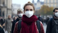 Young Caucasian woman wearing protective face mask and burgundy scarf walking in crowded city street during pandemic, with blurred people in background.