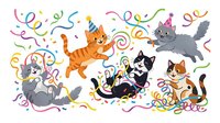 Playful cats celebrating with colorful confetti and streamers on white background. Isolated clipart design suitable for greeting cards, invitations, t-shirts, and party decorations.