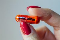 Female hand with red manicure holding orange transparent pill capsule labeled painkiller against light background, medical and healthcare concept.