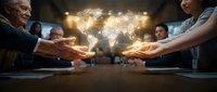 Global business network connection with diverse team members joining hands around illuminated world map on table for international collaboration and partnership.