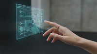 Woman's hand touching holographic circuit board interface with glowing digital schematic display for technology, engineering, innovation, and futuristic design concepts.