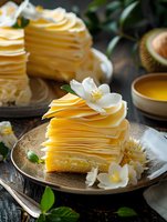 Delicate mille crepe cake slice with layered thin pancakes and cream filling, decorated with fresh jasmine flowers on rustic plate, dark moody setting.