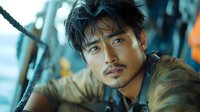 Young Asian male model with stylish hair and facial hair looking thoughtfully at camera against blurred urban background in moody teal tones.