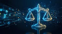 Digital justice scales with glowing blue circuit patterns and binary code streams representing legal technology, AI law systems, and cyber jurisprudence concepts.
