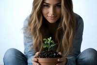 Young Caucasian woman with long wavy blonde hair holding small plant seedling in terracotta pot, sitting cross-legged against white background, representing growth and nurturing.