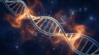 Glowing DNA double helix strand with fiery orange particles on a dark cosmic background, symbolizing genetics, biotechnology, and scientific research.