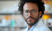 Young African American male scientist wearing glasses and white lab coat smiling confidently in research laboratory setting with blurred background.