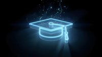 Glowing neon graduation cap with digital particles on dark background, representing online education, e-learning, and academic achievement for web and marketing.