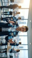 Businessman in formal attire selecting digital mail icons in modern office environment with colleagues in background, representing email communication and business correspondence management.