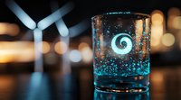 Glowing blue spiral swirls in glass with sparkling particles against blurred bokeh background, creating magical atmosphere for party and celebration designs.