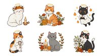 Cute cats with halos and autumn leaves, isolated on white background. Perfect for greeting cards, stickers, t-shirt designs, and seasonal decorations.