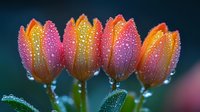 Fresh orange tulip buds with morning dew drops on petals against dark background, macro photography showing delicate water droplets on spring flowers.