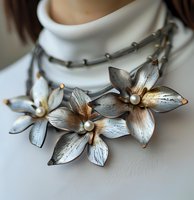 Elegant metallic flower necklace with pearl centers on dark cord features antique silver and bronze finish. Artistic jewelry photographed on white turtleneck.