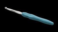 Crochet hook with teal ergonomic handle and silver metal tip, isolated on transparent background. Great for craft clipart, stickers, t-shirt design, and print on demand.