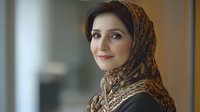 Middle-aged Middle Eastern woman wearing traditional brown patterned headscarf smiling warmly at camera in modern indoor setting for cultural diversity content.