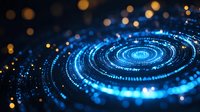Glowing blue spiral of digital particles with bokeh light effects on dark background creates futuristic technology concept for business presentations.