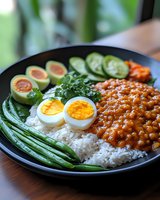 Healthy vegetarian bowl with curry lentils, white rice, boiled eggs, fresh green beans, sliced cucumber and avocado served on black plate, close up view.