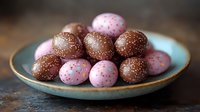 Pink and chocolate cake pops with sprinkles arranged on turquoise ceramic plate against dark rustic background, sweet dessert confectionery treats.