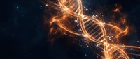 Glowing golden DNA double helix strand on dark cosmic background with energy particles, representing genetics, biotechnology, and medical research.