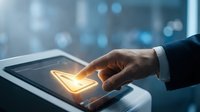 Professional businessman hand touching glowing email icon on modern tablet screen in corporate office environment for digital communication and technology.