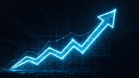 Glowing blue digital arrow trending upward on dark grid background representing business growth, financial success, and market analytics data visualization.