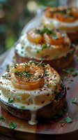 Gourmet toast topped with creamy sauce, caramelized onions, soft-boiled egg, fresh herbs and chili flakes served on wooden board. Elegant breakfast or brunch.