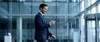 Professional businessman in navy suit using smartphone in modern glass office building lobby for corporate communication and mobile technology.
