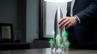 Professional businessman in suit activating futuristic holographic interface with green arrow projections in modern office environment for technology presentations.