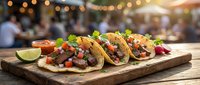 Three seasoned meat tacos with fresh toppings and lime wedge on wooden board, street food vendor setting with blurred outdoor market background.
