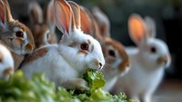 Group of adorable domestic rabbits eating fresh green lettuce leaves in natural outdoor setting with soft bokeh background for pet care concepts.