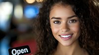 Young woman with curly hair smiling while holding open sign, welcoming customers to small business. Perfect for retail, hospitality, and entrepreneurship themes.
