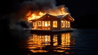 Dramatic night scene of burning floating house on water with orange flames reflecting in dark rippling surface, billowing smoke against black sky creates moody atmosphere.
