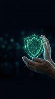 Hands of a middle-aged male with dark skin tone holding a glowing green digital shield with network lines on dark background. Concept for cybersecurity, data protection, and technology safety.
