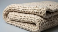 Soft beige knitted blanket folded on neutral background, cozy home textile with chunky cable knit pattern for interior design and comfort decor.
