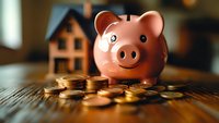 Pink ceramic piggy bank with scattered gold coins on wooden table against blurred house model background, representing savings and home investment goals.