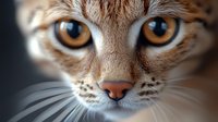 Close up portrait of feline face showing intense amber eyes, pink nose, and detailed whiskers against dark background, dramatic lighting emphasizes facial features.