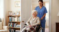 Young Asian female nurse in blue scrubs providing compassionate care to elderly Caucasian woman in wheelchair at comfortable home setting with warm lighting.