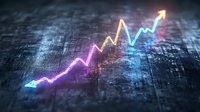 Glowing neon arrow chart showing upward growth trend on digital data background with purple and blue light effects for business analytics presentations.