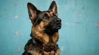 German Shepherd dog portrait on turquoise background. Professional pet photography with copy space for advertising, veterinary services, training programs.