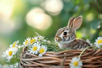 Young rabbit in woven basket surrounded by fresh daisies against blurred green background with soft bokeh lights, spring season nature composition.