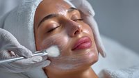 Professional skincare treatment application with cosmetic brush on relaxed woman face during spa facial procedure for anti-aging and skin rejuvenation therapy.