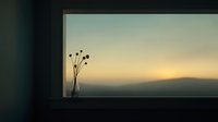 Minimalist interior with dried flowers in vase by large window overlooking mountain landscape at golden hour sunset creating peaceful atmosphere.