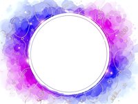Abstract watercolor frame with purple and pink gradient bubbles surrounding white circular space for text or logo design on transparent background.