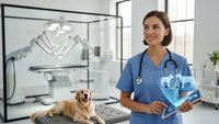 Female veterinarian in blue scrubs holding digital tablet with holographic medical interface in modern clinic with golden retriever patient.