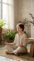 Young woman meditating in peaceful home interior with plants and natural light streaming through window creating serene wellness atmosphere.