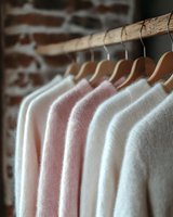 Soft knit sweaters in pastel pink and white hanging on wooden hangers against exposed brick wall, creating minimalist wardrobe aesthetic for fashion retail.