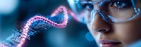Young woman in protective glasses looking at glowing pink DNA helix structure against blue scientific background, representing biotechnology and genetic research.
